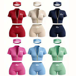 Set Lounge 3 Pezzi per Donna, Abbigliamento Estivo, Giacca con Zip a Manica Corta, Fascia per Capelli e Pantaloncini, Set Personalizzato per Allenamento Femminile - Product Image 1