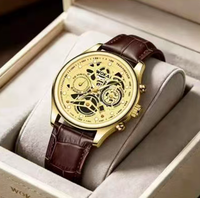 Reloj de Pulsera de Cuarzo para Hombre NYY con Esfera Hueca de Esqueleto, Caja Dorada, Correa de Cuero Marrón, Estilo Cronógrafo, Casual de Negocios
