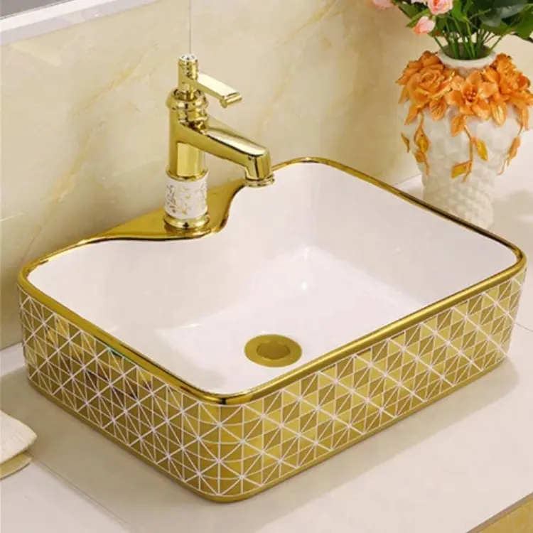 Penjualan terlaris keramik warna-warni mewah Sepuh emas bentuk persegi persegi baskom seni meja wastafel kamar mandi wastafel S-1017