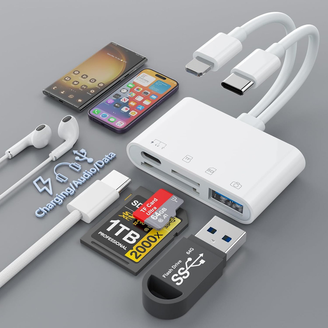 Portable Design USB C Light-ning to SD Card Reader Female OTG Port Dual Ports 4-in-1 Memory Card Adapter with Fast Charging