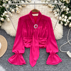 Chemisier léger de luxe pour femmes, ruban de satin, licou, taille pliée, manches courtes évasées pour femmes, décontracté - Product Image 2