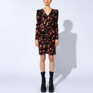2024 Spring Summer Fashion Women Custom V Neck Floral Printed Fit Bodycon Dress Luxury Sexy Ruched Formal Flowery Dress
