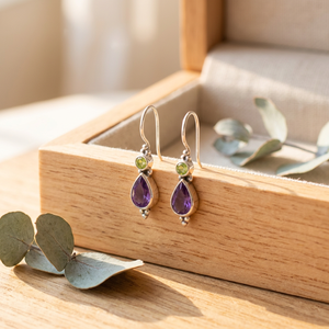 Pendientes de Amatista, Plata de Ley 925, Hechos a Mano, con Dos Piedras de Amatista, Pendientes Colgantes, Estilo Vintage Boho, Joyería de Lujo para Mujer - Product Image 1