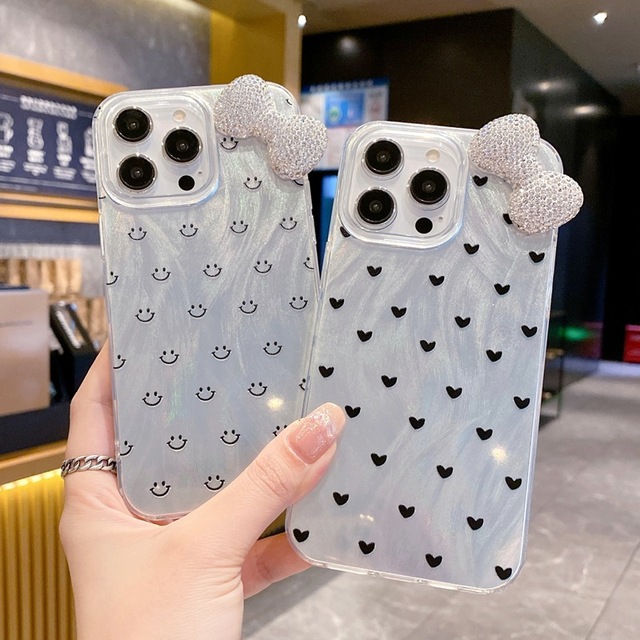 Luxury Full-screen Heart-shaped Phone case Three-dimensional Bow Chiffon Fabric Protective Cover for iPhone 16 14 Pro Max