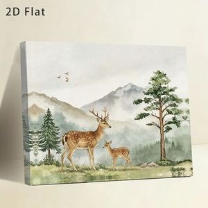 Deer And Fawn Landscape <b>Canvas</b> Wall Art Modern Farmhouse Style Print With Wooden <b>Frame</b> Rectangle Shape For Home Decoration - Product Image 1