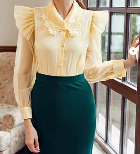 Custom Spring Fall Solid Ruffle Detail Button Front <strong>Peter</strong> <strong>Pan</strong> <strong>Collar</strong> <strong>Blouse</strong> Women Elegant High Quality <strong>Blouse</strong> - Product Image 6