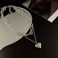 Kalung bertekstur bentuk hati tidak beraturan, perhiasan rantai tulang selangka dua lapis, Kalung Perhiasan Stainless Steel Hip-hop