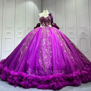 Robe de Quinceañera Lsmu186 violette à col licou, sans manches, style princesse à volants avec nœud, Jancember - Product Image 4