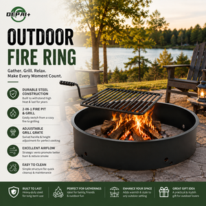 Grand foyer de camping en acier noir émaillé pour l'extérieur, anneau de feu de camp avec grille de cuisson BBQ - Product Image 1