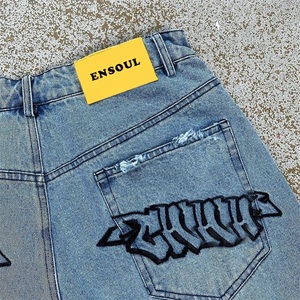 Custom 3D Embossing Logo Retro Wash Raw Hem Cut Edge High Quality HeavyWeight Vintage Jeans <b>Shorts</b> - Product Image 3