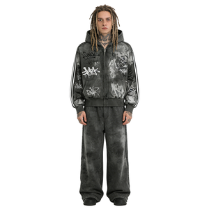 Sweat à capuche rétro délavé style streetwear avec impression DTG Kornit personnalisée, <span class=keywords><strong>patchwork</strong></span>, vêtement unisexe, coupe oversize - Product Image 1