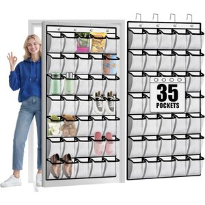 35 Pockets Over The Door Organizer Mesh <b>Shoe</b> Storage Hanging Closet Organizer White Rectangle <b>Hook</b> Type - Product Image 1