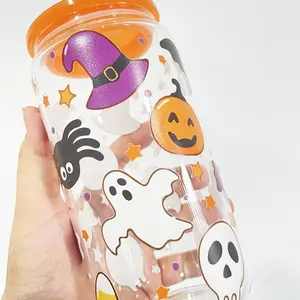 Vidro drinkware bonito Halloween impresso cerveja vidro UV impressão refrigerante pop pode em forma de copo de vidro DIY vinil