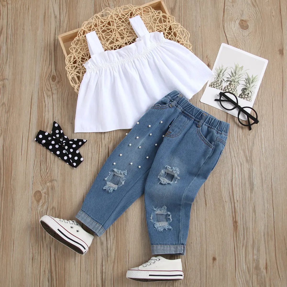 Wholesale Summer Clothing Set Children White Sleeveless Sling Top Ripped Jeans With Headband Baby Denim Pants Suit Girl From