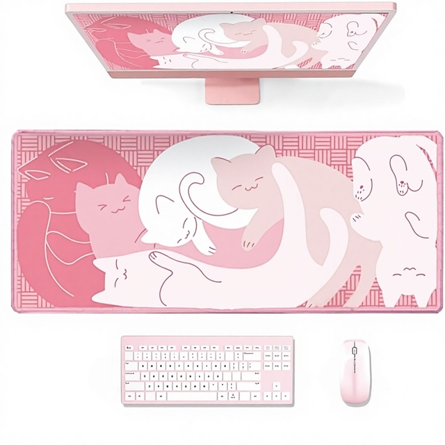 Large Eco-Friendly Waterproof Kawaii Gaming Mouse Pad Non-Slip Rubber Base Stitched Edge Customizable Size Pink Desk Mat