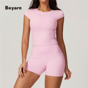 Boyarn TZ8819 femmes solide respirant Fitness ensemble de sport Gym col carré soutien-gorge entraînement Yoga vêtements de sport bout à bout Shorts - Product Image 5