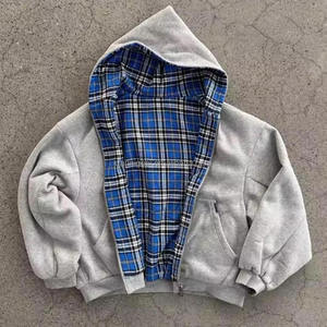 Fabricant de vêtements de haute qualité – Sweat à capuche zippé réversible double couche coupe courte et carrée à carreaux, effet délavé vintage, pour homme - Product Image 4