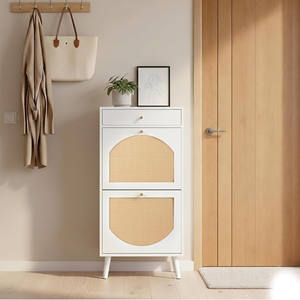 Meuble à chaussures moderne en rotin avec 2 tiroirs basculants, organisateur de rangement étroit pour entrée, étagère à chaussures en bois pour couloir et placard - Product Image 1