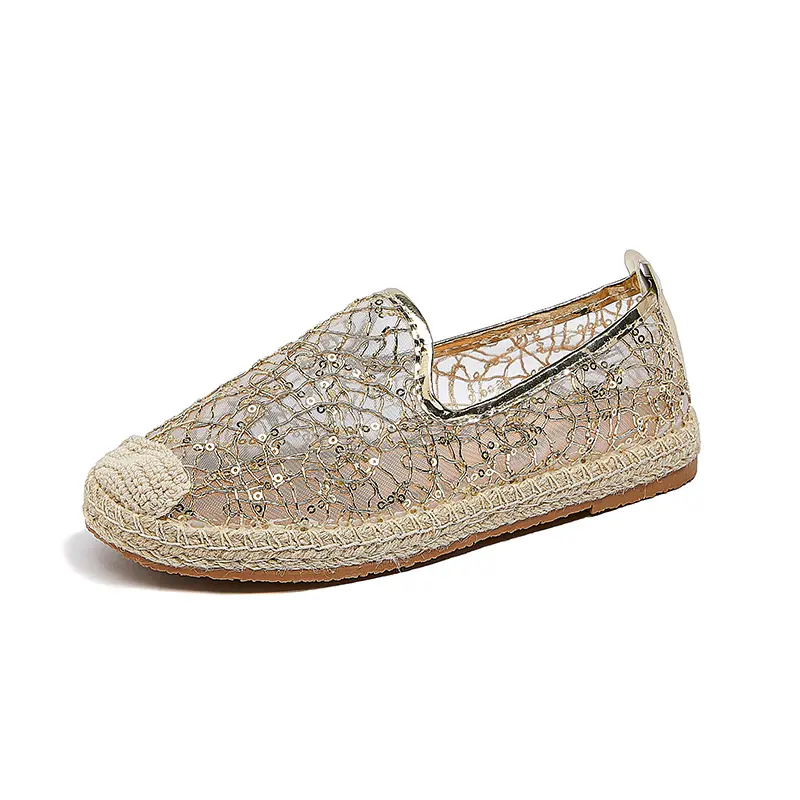 Nieuwe Platte Groothandel Hoge Kwaliteit Espadrilles Vrouwen Goud Silkweefstof Canvas Trendy Schoenen Zomer Slipon Merk Beroemd