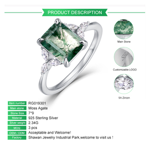 Anello con Agata Muschiata Naturale Taglio Smeraldo in Argento <span class=keywords><strong>Sterling</strong></span> 925 con Design a Foglia, Gioiello di Fidanzamento Vintage da Donna, Idea Regalo - Product Image 2