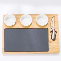 Doğal bambu peynir tabağı çatal bıçak kaşık seti ile siyah kayrak ve bıçak Charcuterie tabağı servis tepsisi ev ısınma hediye