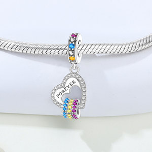 Breloques pendantes Cœur ouvert gravées à vie, multicolores, pavées de zircone cubique arc-en-ciel, en alliage de cuivre plaqué argent, style serpent européen, vente en gros - Product Image 3