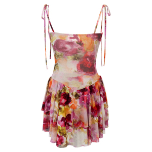 Abito Estivo da Donna e Ragazza con Stampa Floreale Acquerello, Scollo a Cuore, Spalline con Fiocco e Balze a Strati, Mini Abito da Festa - Product Image 2