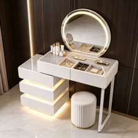 Meja Rias Kamar Tidur Modern Minimalis Mewah Kayu Solid Tahan Lama Ukuran Kustom Cermin Oval Berlampu Laci Penyimpanan