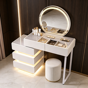Modern Minimalist Makeup <b>Vanity</b> With Lighted Round <b>Mirror</b> And Storage Drawers Bedroom <b>Dressing</b> <b>Table</b> With Stool - Product Image 6