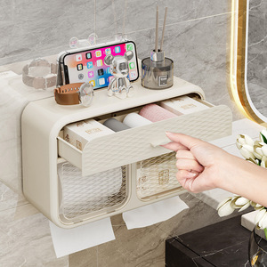 <b>Wall</b> Mounted Toilet Paper Holder Shelf No Drill Waterproof Double Compartment Tissue <b>Box</b> Storage Bathroom Organizer - Product Image 4