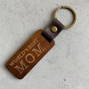 Porte-clés cuir créatif à personnaliser, 4 pièces, gravé au laser, logo rond vierge en bois, porte-clés, cadeau, vente en gros