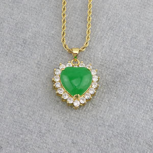 Chaîne en acier inoxydable plaqué or 18 carats NZ1490 avec chaîne en corde pavée de CZ, couleur jade vert aquamarine, cœur avec inscription chinoise de bénédiction, bon fu - Product Image 6