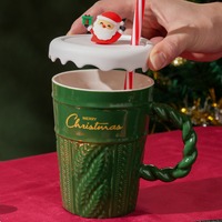 Tasse en porcelaine de style américain avec motif Père Noël et sapin de Noël, cadeau pour couple, mug en céramique de Noël avec couvercle et paille