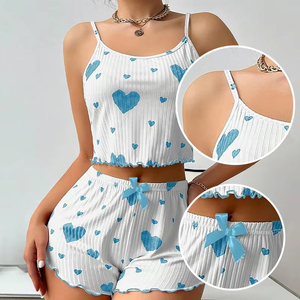 Ensemble de pyjama en satin pour femme, tailles S-2XL, nouvelle collection été, respirant et doux, motif imprimé cœur, décontracté, short à bretelles, décoration en dentelle, pour la maison - Product Image 6