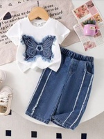 Ensemble printemps/été pour enfants en Europe et en Amérique - Ensemble jean à manches courtes, haut papillon et jean, lot de deux pièces