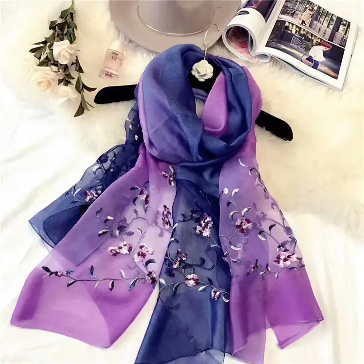 Popular Fashion Pure Soft 190cm*90cm Silk Wool Scarf Long Style Embroidery Flowers Ombre Purple Color for Lady Christmas Gift