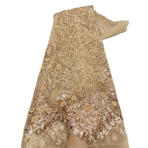 NI.AI Nuovo Design Tessuto Ricamato con Motivi Simmetrici, Pizzo in Rete con Paillettes e Perle, Tessuto in Pizzo con Paillettes - Product Image 1