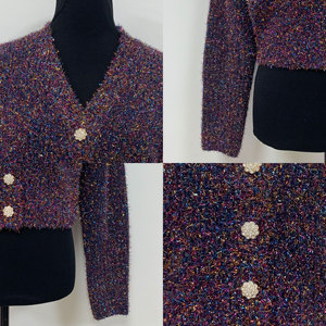 Cárdigan Metálico Brillante para Mujer, Suéter de Punto con Cuello en V, Botones de Flores con Pedrería, Jersey Corto Brillante para Fiesta - Product Image 3