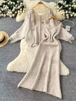 Cardigan en tricot doux et élégant de style coréen avec patchwork de dentelle, fleurs 3D, sans bretelles, manches longues, en polyester et élasthanne
