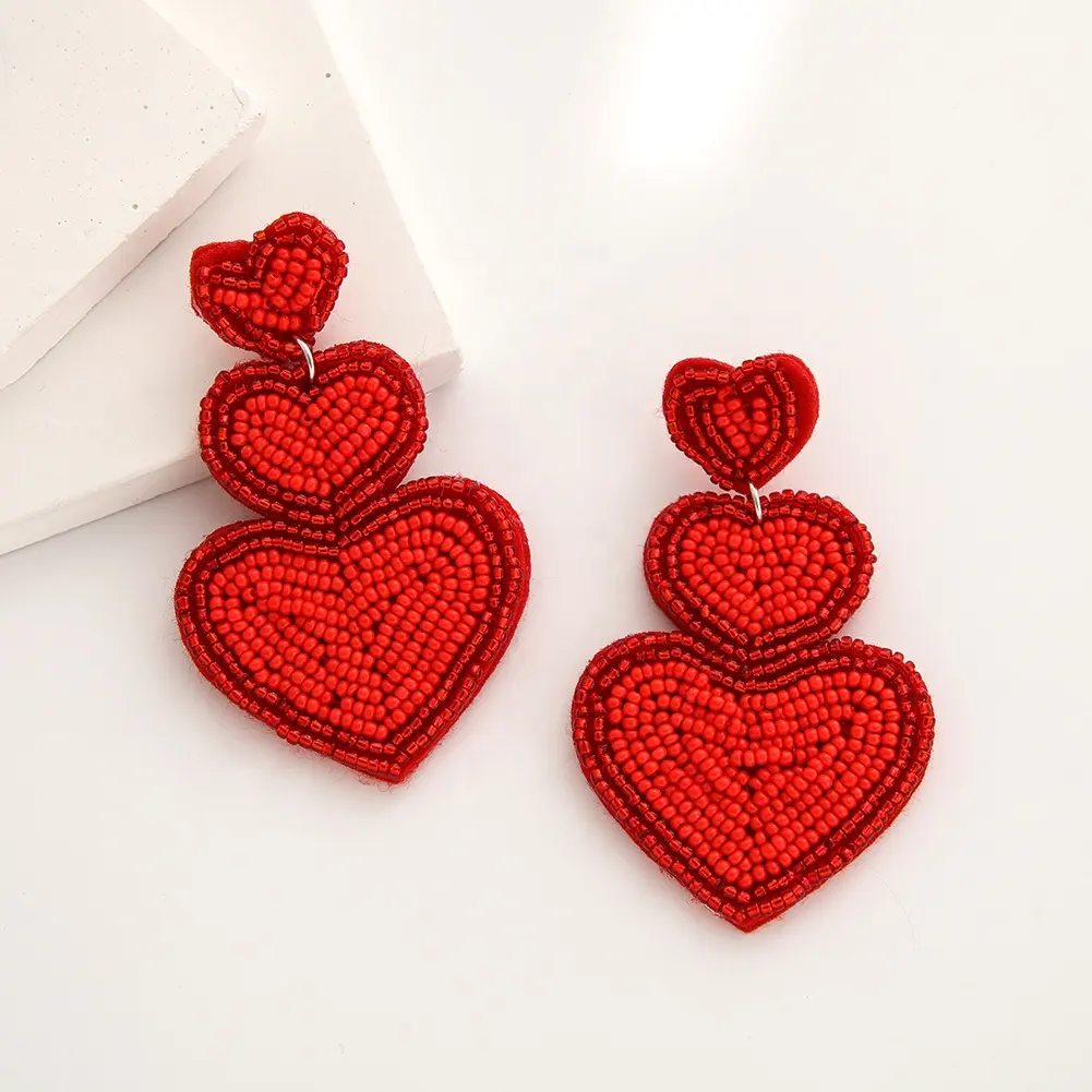 Bohemian Vintage Red Heart LOVE Earrings with Seed Beads Colored Rhinestones Huggie Style for Party or Valentine's Day Jewelry