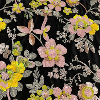 Tissu en velours 100% polyester CAIZHI, brodé de sequins floraux multicolores, poids lourd 650g/m, robe de mariée de luxe pour filles, robe de soirée