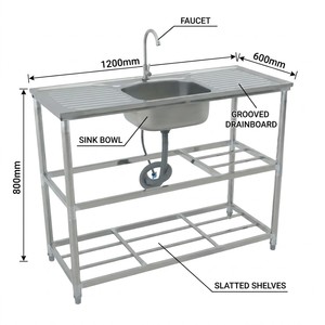 Mesa de Fregadero de Acero Inoxidable - Banco de Preparación para Cocina Comercial - Fregadero de Una Sola Cubeta - Fregadero Gastronómico de 3 Niveles de Alta Resistencia - Product Image 2