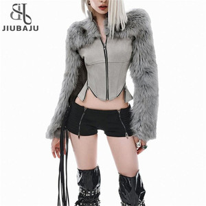 Fashion Patchwork Jacket Women Furry Flocking Irregular Zip Hipster Punk Hottie Winter Autumn Trend Street Coat