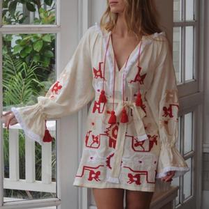 ชุดเดรสผ้าฝ้ายลินินทรงเอ สไตล์ลำลอง คอวี แขนยาว ความยาวปานกลาง สำหรับผู้หญิง  ปรับแต่งได้ตามต้องการ - Product Image 1