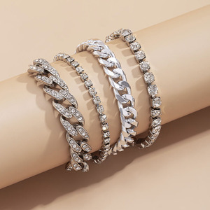 Wholesale New Fashionable <strong>Stack</strong> Bracelets Sets Crystal Rhinestone <strong>Silver</strong> Chain Bracelet Chunky Cuban Bracelet for Women Men - Product Image 4