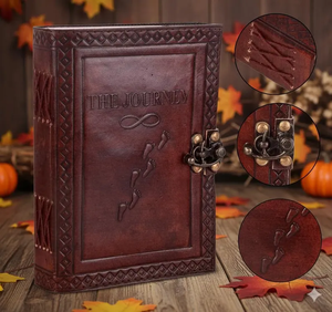 Embossed Leather Journal “The Journey” Vintage <b>Notebook</b> with Antique Lock, Handmade Deckle Edge <b>Diary</b> <b>Notebook</b> - Product Image 5