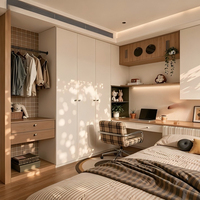 Armoire intégrée sur mesure de luxe discret sans poignées avec niche ouverte et accents en bois texturé
