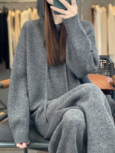 Customized Thickened Hooded Cashmere Knit <strong>Base</strong> Top and Wide-Leg Pants Two-Piece Set Youthful Wool <strong>Outfit</strong> - Product Image 5