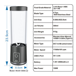 Licuadora Portátil Mini de 500 ml para Uso Doméstico, Compatible con OEM y ODM, Nueva Herramienta Deportiva para Frutas, Licuadora a Batería para Uso en Hoteles - Product Image 6