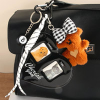 Pendentif ours en peluche semi-fait main style Miu mignon avec nœud et cœur, 2 pouces, breloque de sac photo couple, porte-clés, cadeau